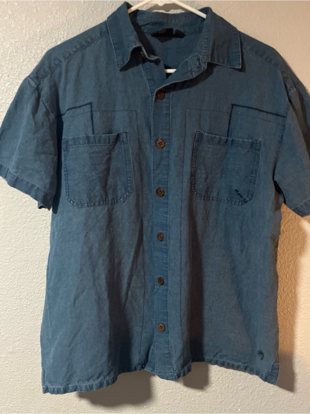 Kavu Blue Button Up Bamboo Blend Short Sleeve Travel Hiking Shirt Size Large